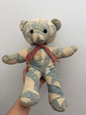 Handmade VINTAGE Quilted Blue and Cream Patchwork Bear with Red Ribbon